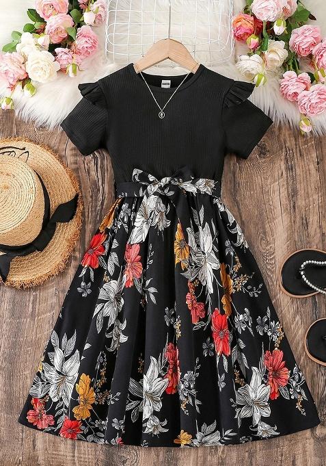 Black Printed Cotton Dress For Girls