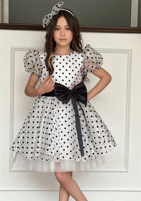 White Printed Cotton Dress For Girls