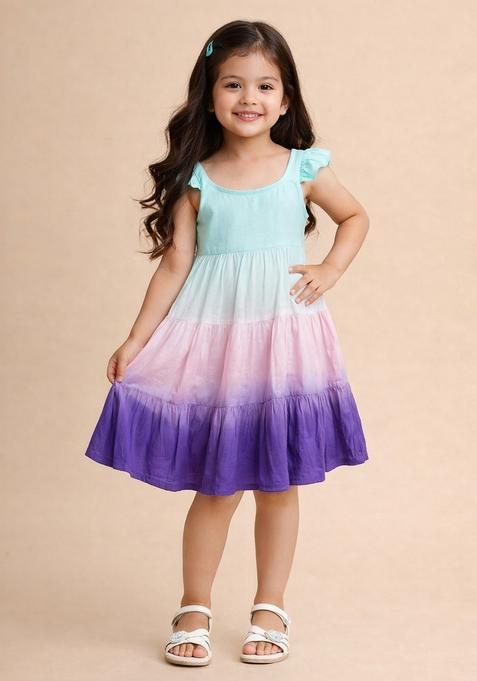 Blue Tie And Dye Rayon Casual Dress For Girl