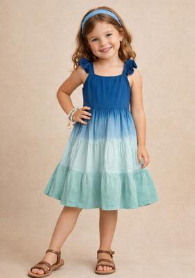 Teal Blue Tie And Dye Rayon Casual Dress For Girl