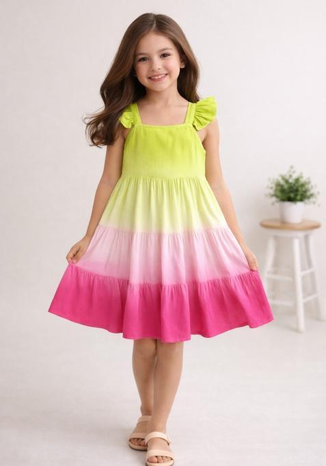 Fuchsia Tie And Dye Rayon Casual Dress For Girl