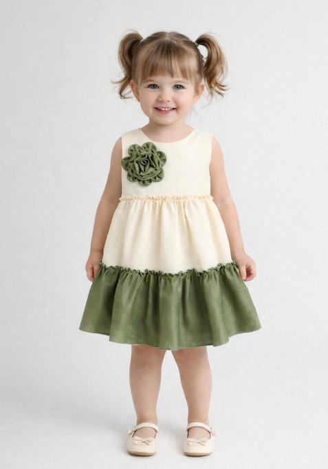 Olive Green Solid Polyester Casual Dress For Girl