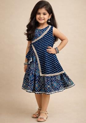 Navy Blue Printed Cotton Ethnic Dress For Girl