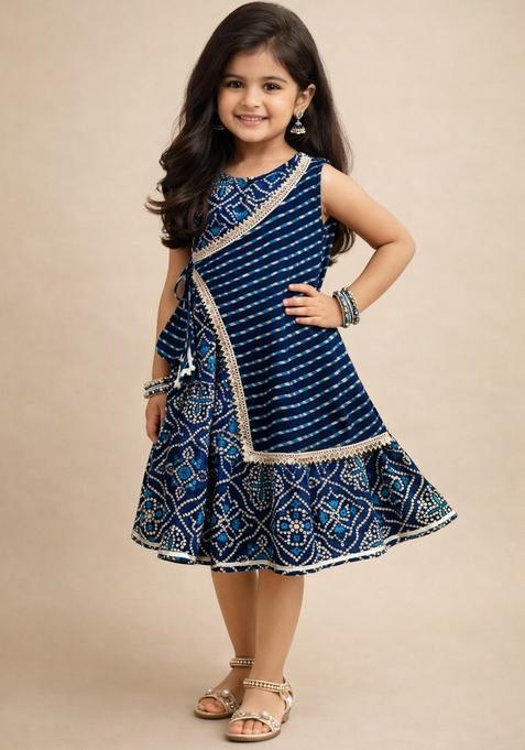 Navy Blue Printed Cotton Ethnic Dress For Girl