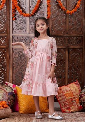 Peach Floral Print Cotton Ethnic Dress For Girl