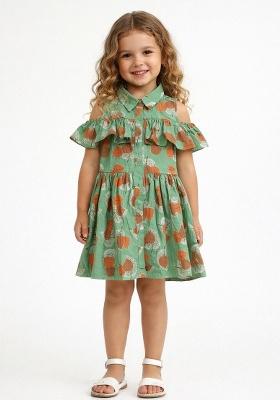 Green Printed Cotton Casual Dress For Girls