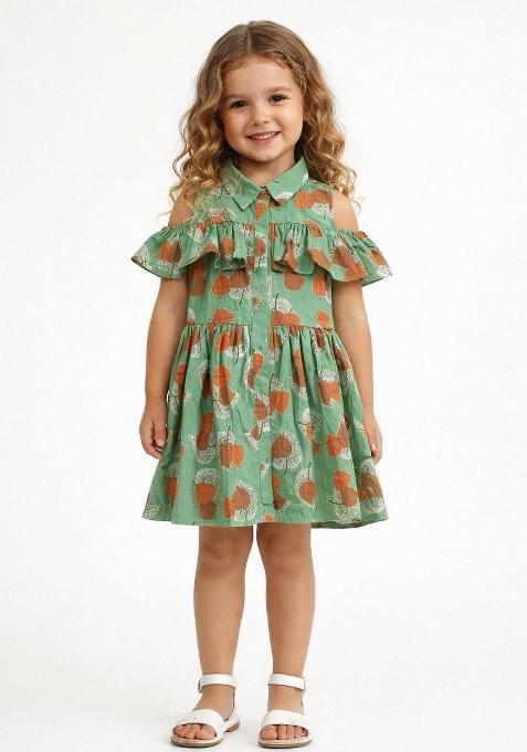 Green Printed Cotton Casual Dress For Girls