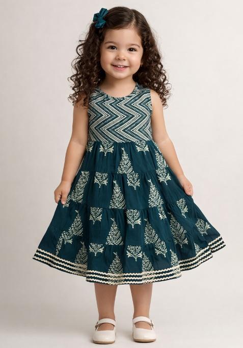 Dark Green Printed Cotton Casual Dress For Girls