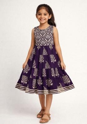 Purple Printed Cotton Casual Dress For Girls