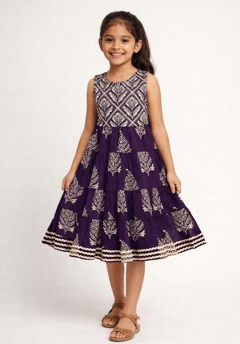 Purple Printed Cotton Casual Dress For Girls