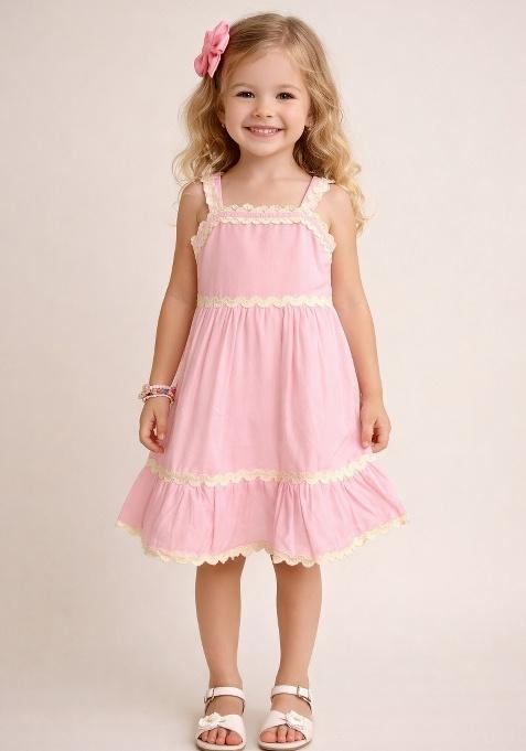 Pink Solid Cotton Casual Dress For Girls