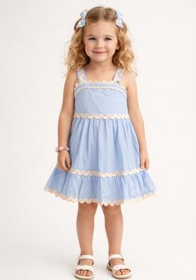 Blue Solid Cotton Casual Dress For Girls