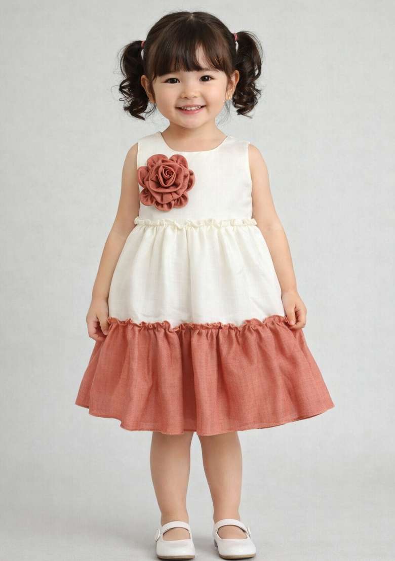 Rust Orange Solid Polyester Casual Dress For Girls - Indya