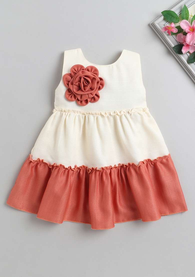 Rust Orange Solid Polyester Casual Dress For Girls - Indya