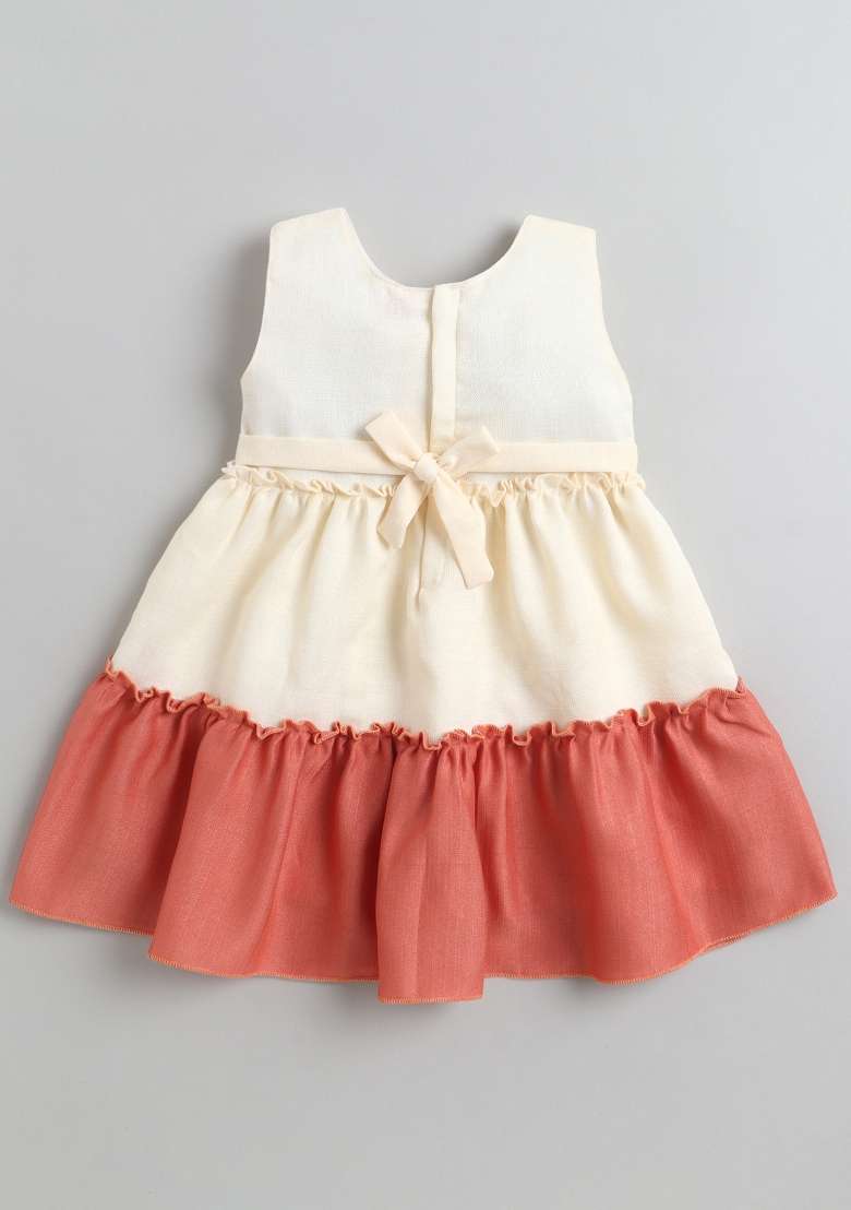 Rust Orange Solid Polyester Casual Dress For Girls - Indya