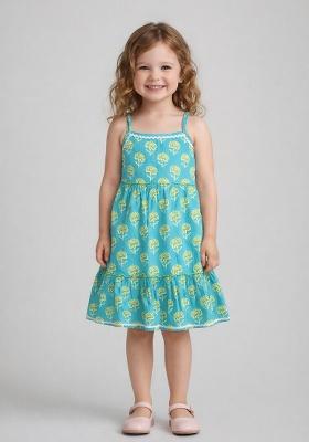 Turquoise Printed Cotton Casual Dress For Girls