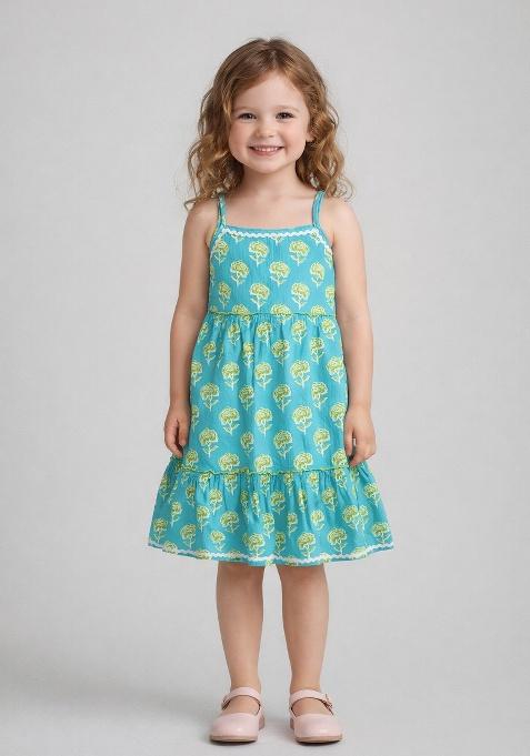 Turquoise Printed Cotton Casual Dress For Girls