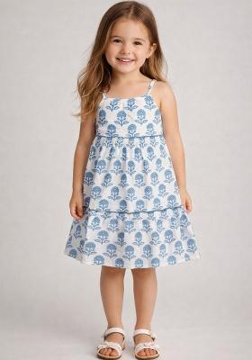 White Printed Cotton Casual Dress For Girls