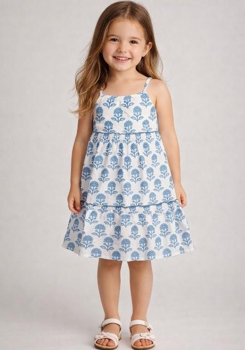 White Printed Cotton Casual Dress For Girls
