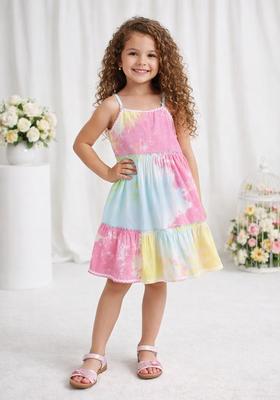Multicolor Lace Work Rayon Casual Dress For Girls