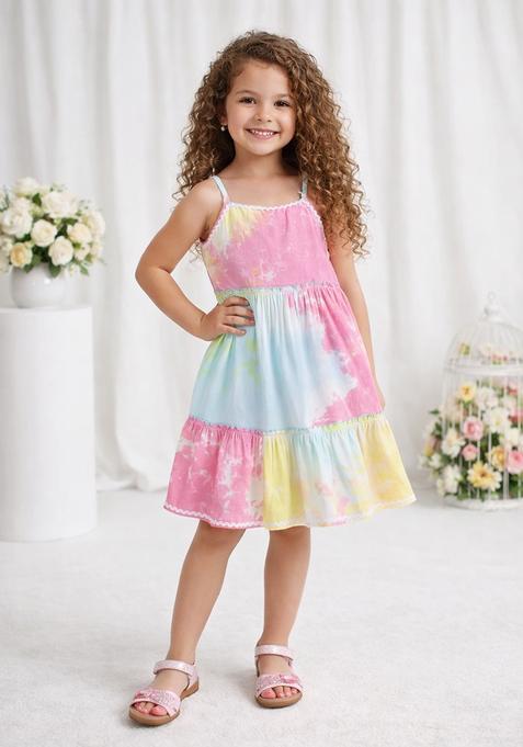 Multicolor Lace Work Rayon Casual Dress For Girls