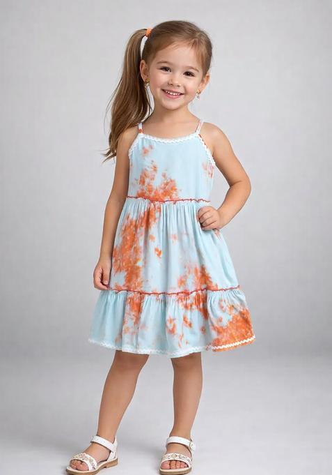Blue Lace Work Rayon Casual Dress For Girls