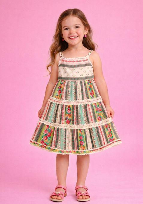 Multicolor Lace Work Cambric Casual Dress For Girls