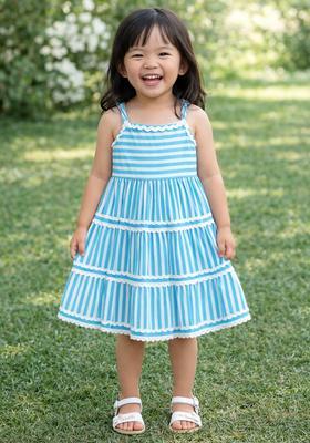 Blue Lace Work Cambric Casual Dress For Girls