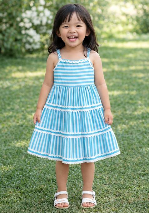 Blue Lace Work Cambric Casual Dress For Girls