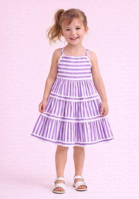 Purple Lace Work Cambric Casual Dress For Girls