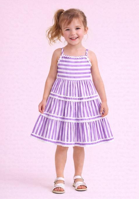 Purple Lace Work Cambric Casual Dress For Girls