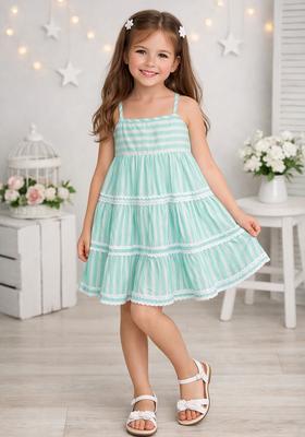 Mint Lace Work Cambric Casual Dress For Girls