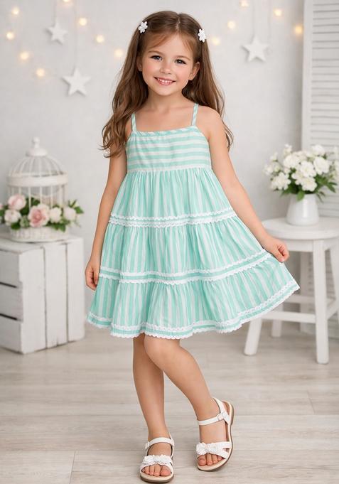 Mint Lace Work Cambric Casual Dress For Girls