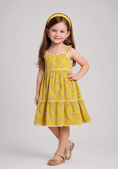 Mustard Lace Work Cambric Casual Dress For Girls