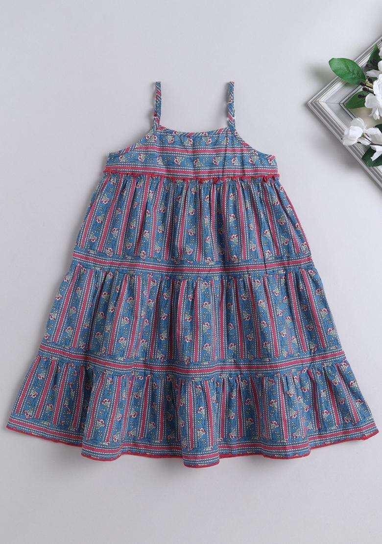 Blue Printed Cambric Casual Dress For Girls - Indya