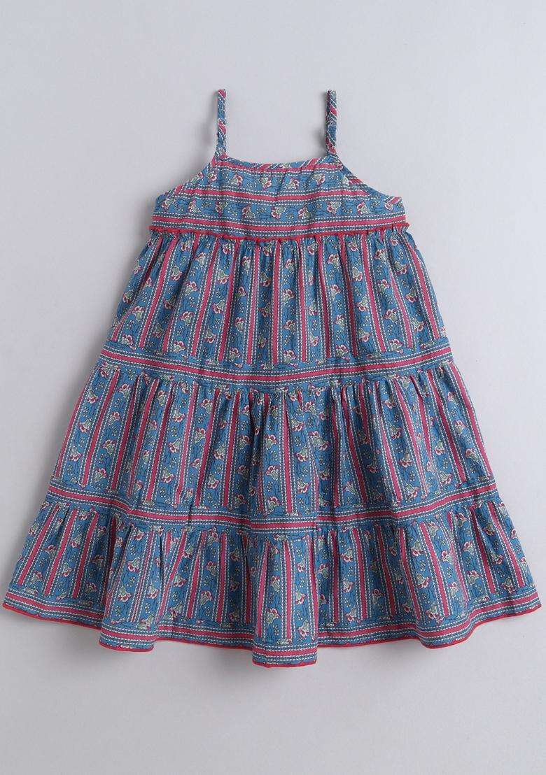 Blue Printed Cambric Casual Dress For Girls - Indya