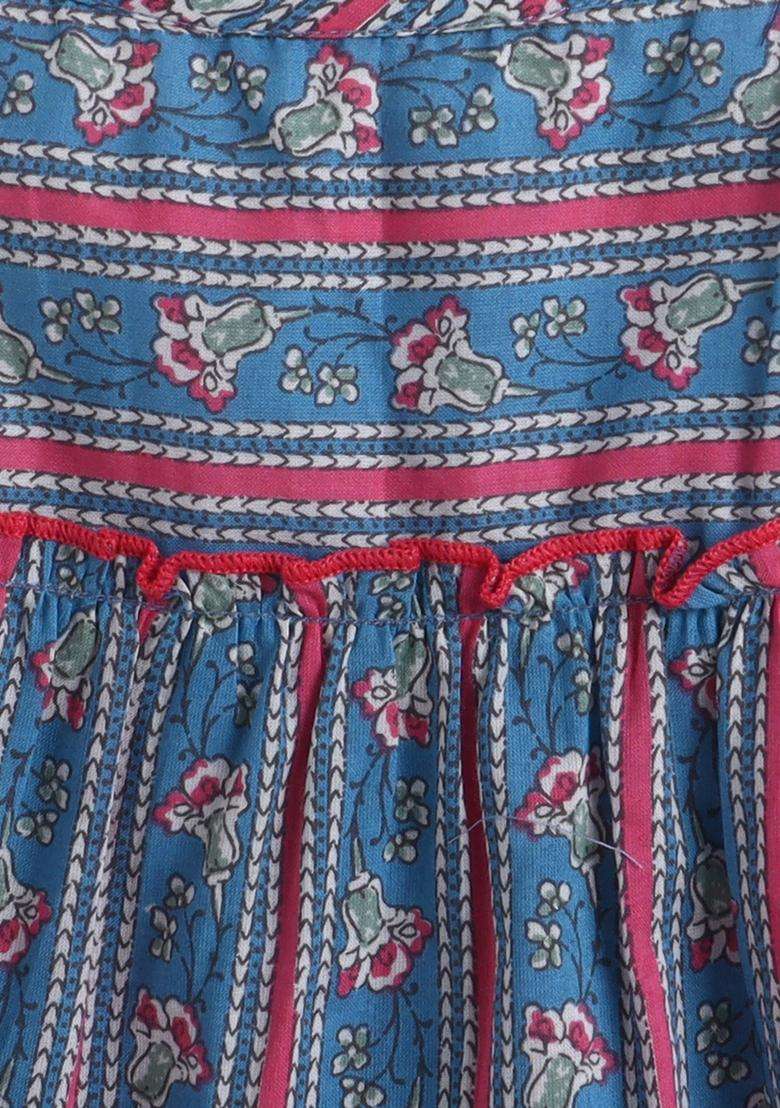 Blue Printed Cambric Casual Dress For Girls - Indya