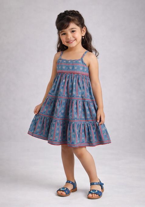 Blue Printed Cambric Casual Dress For Girls — view on Indya