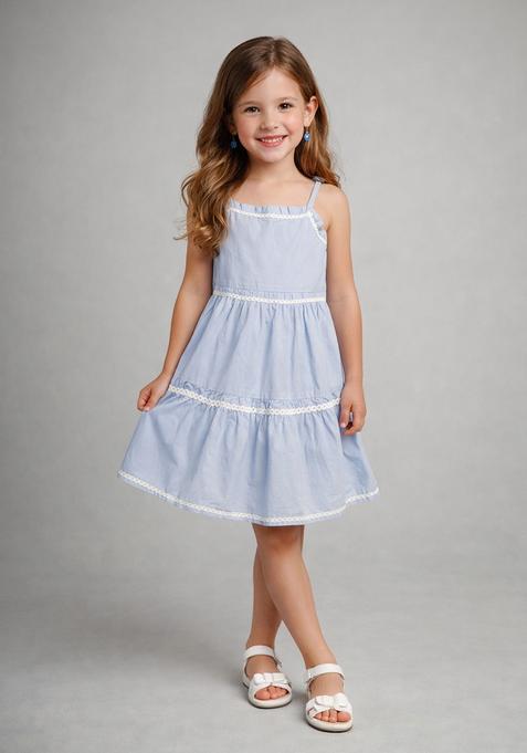 Blue Lace Work Cotton Casual Dress For Girls