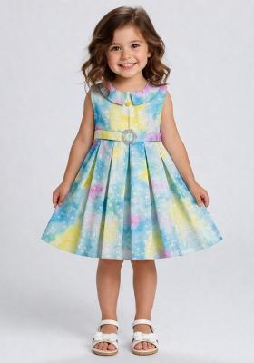 Turquoise Tie And Dye Rayon Casual Dress For Girls