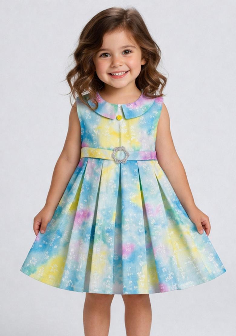 Turquoise Tie And Dye Rayon Casual Dress For Girls - Indya