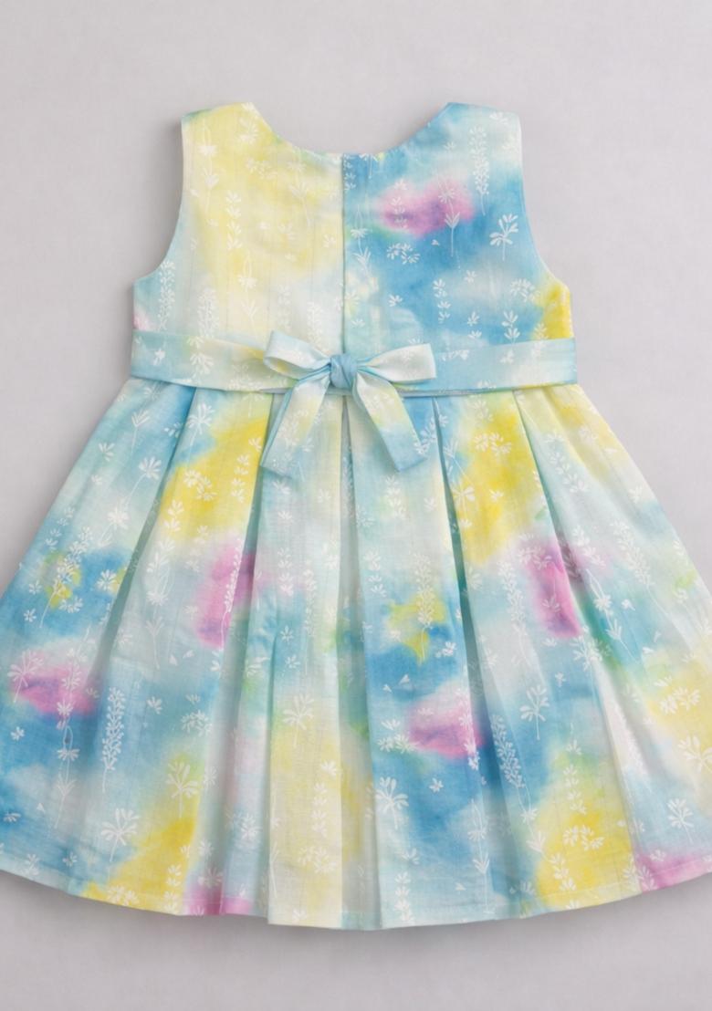 Turquoise Tie And Dye Rayon Casual Dress For Girls - Indya