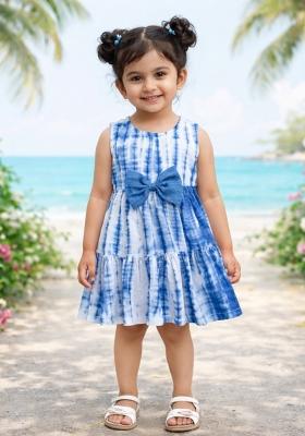 Blue Tie And Dye Rayon Casual Dress For Girls