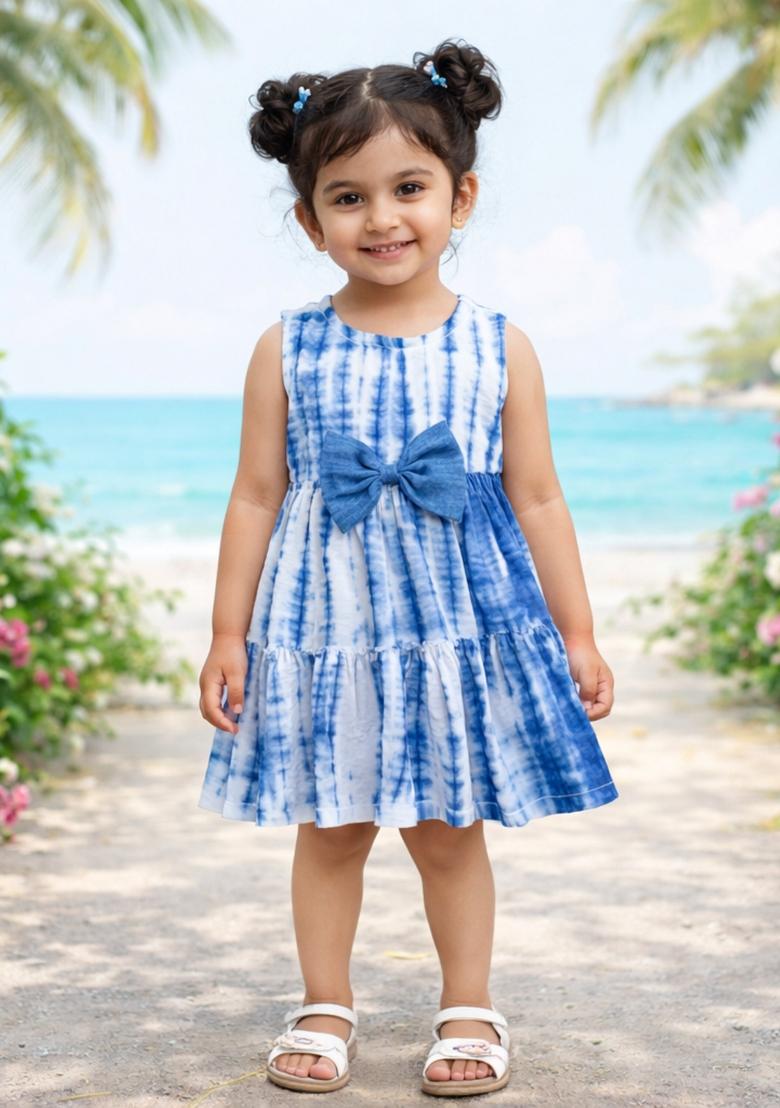 Blue Tie And Dye Rayon Casual Dress For Girls - Indya