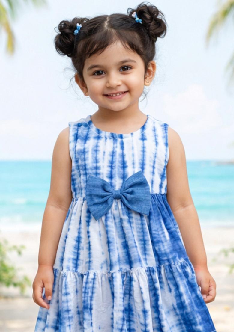 Blue Tie And Dye Rayon Casual Dress For Girls - Indya
