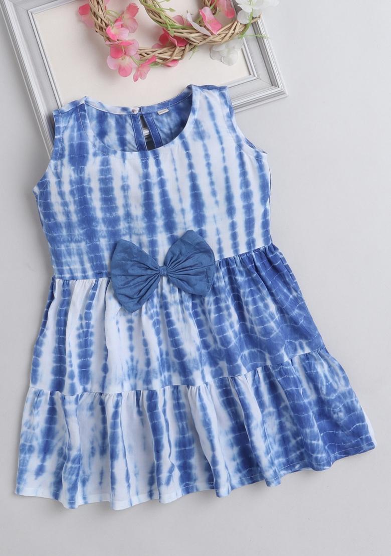 Blue Tie And Dye Rayon Casual Dress For Girls - Indya