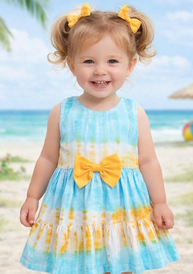 Turquoise Tie And Dye Rayon Casual Dress For Girls - Indya