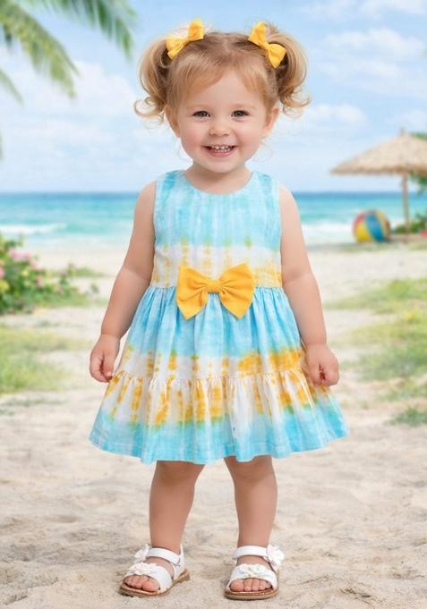 Turquoise Tie And Dye Rayon Casual Dress For Girls