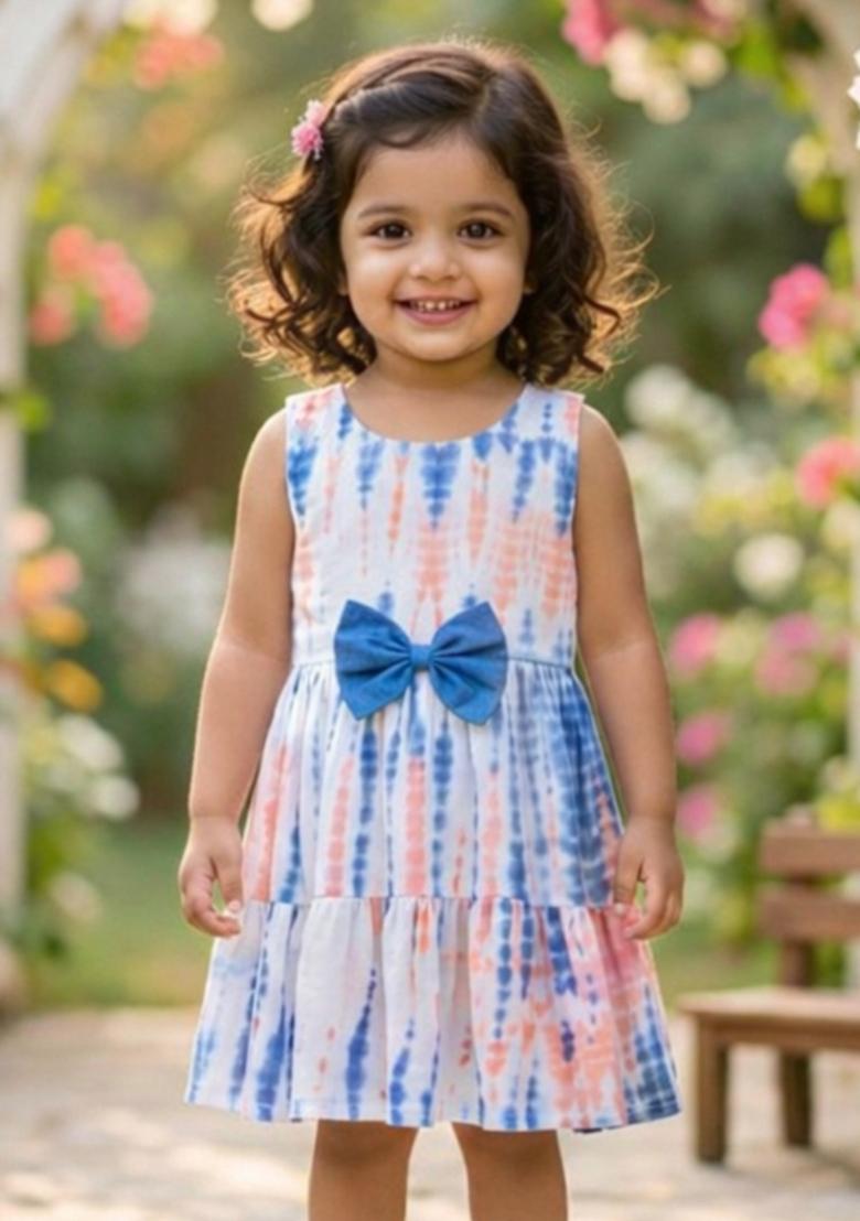 Peach Tie And Dye Rayon Casual Dress For Girls - Indya