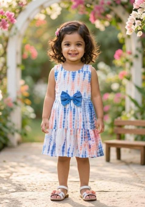 Peach Tie And Dye Rayon Casual Dress For Girls